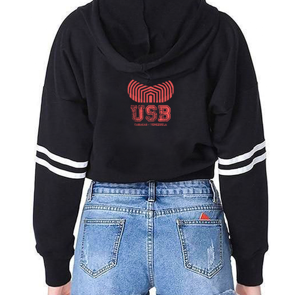 Sudadera corta con capucha USB para mujer en color negro