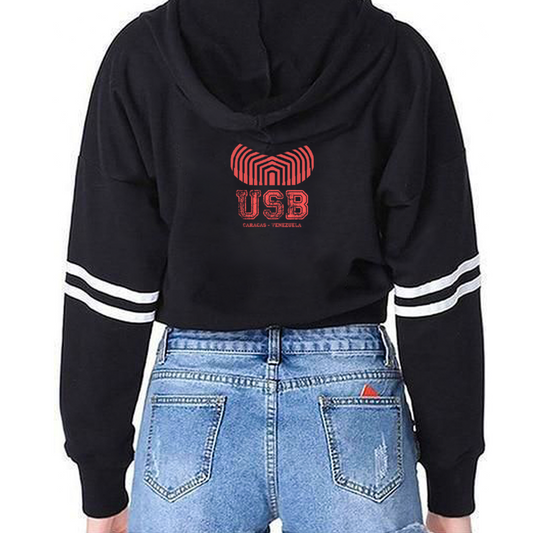 Sudadera corta con capucha USB para mujer en color negro