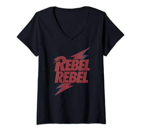 Womens David Bowie - Rebel Rebel Lightning Lyric V-Neck T-Shirt