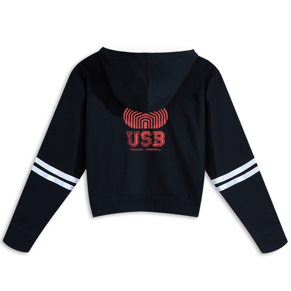 Sudadera corta con capucha USB para mujer en color negro