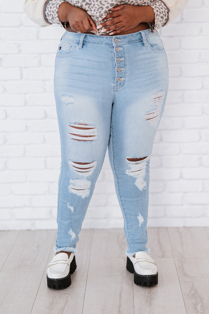 Kancan At Last Distressed Button Fly Skinny Jeans